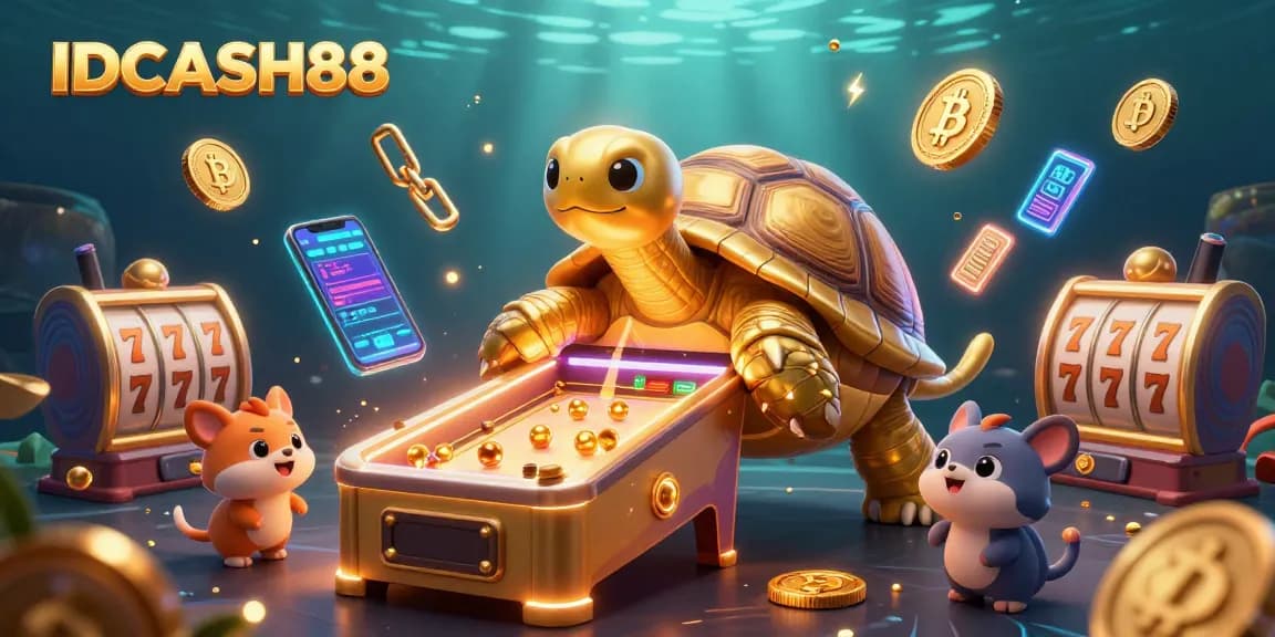 Play exciting slots at IDCASH88 with a vibrant, energetic scene featuring a golden tortoise and animated elements.
