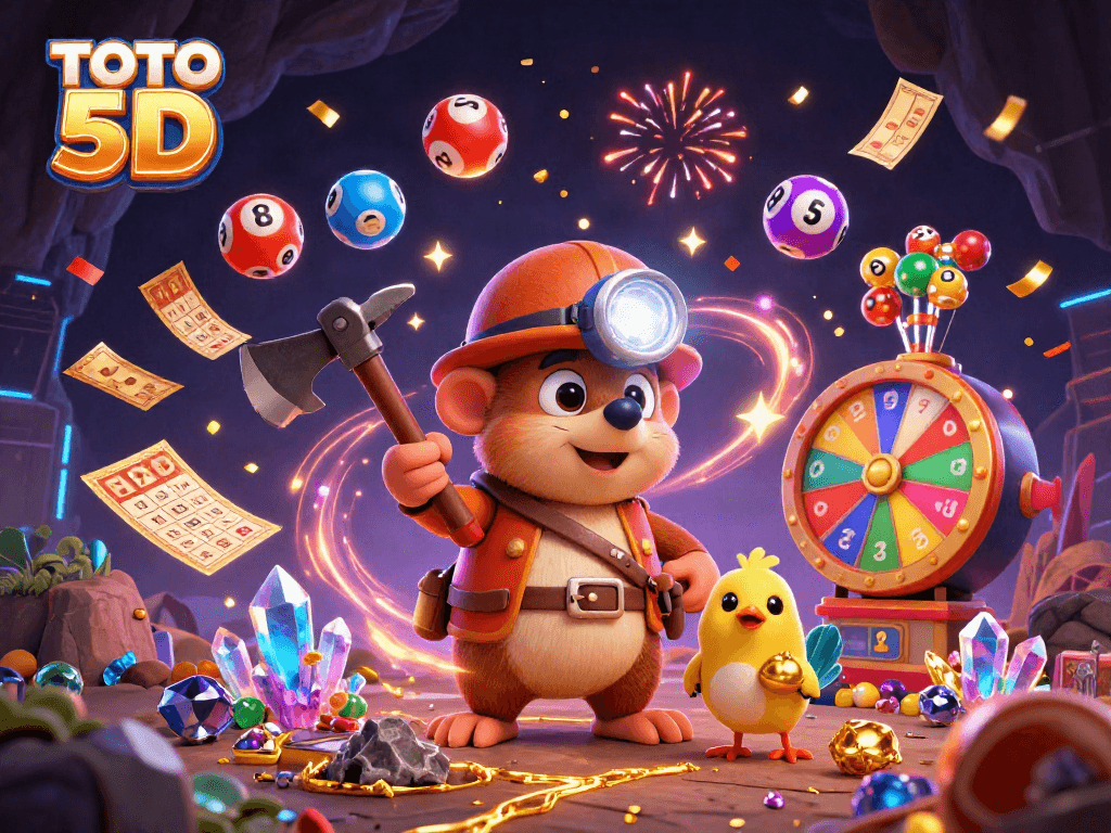 TOTO 5D lively illustration showcasing a treasure hunter mole exploring a cave with colorful lottery balls and vibrant casino elements.