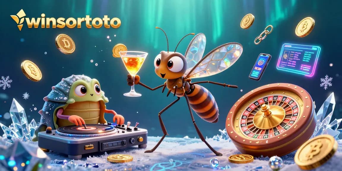 Join the action with winsortoto as the frozen mosquito mascot shines alongside crypto casino elements.