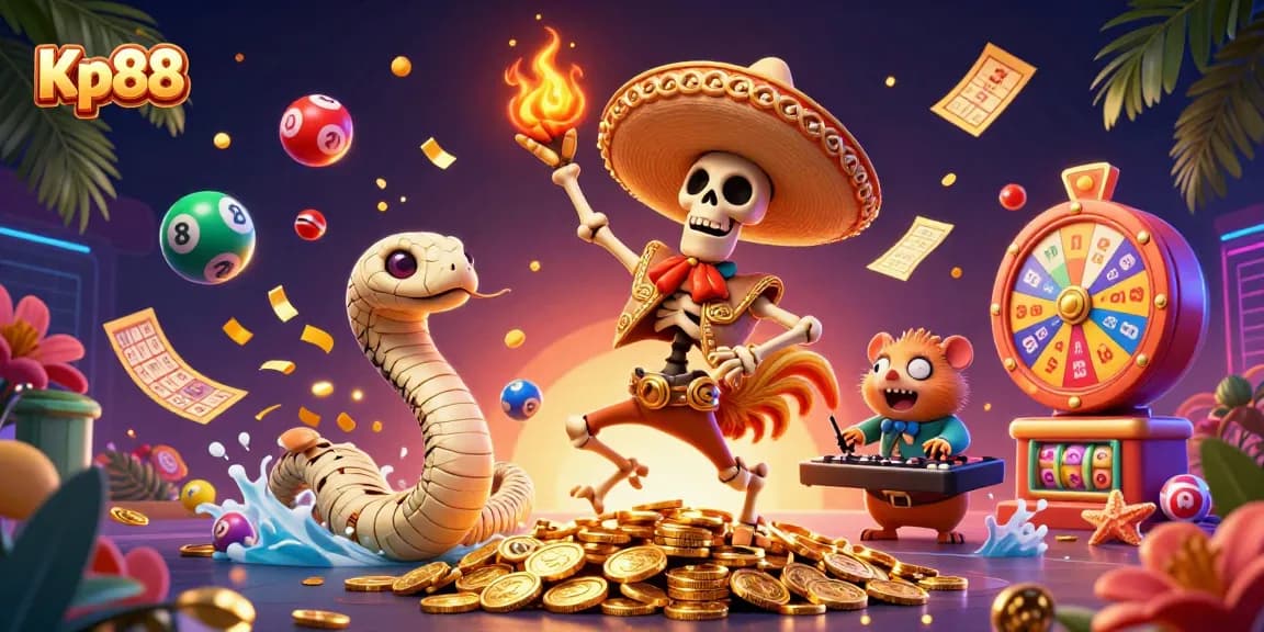 Kp88 offers an exciting scene with a cartoon skeleton mariachi rooster, mummy snake, and DJ hamster celebrating with colorful lottery and gaming elements.