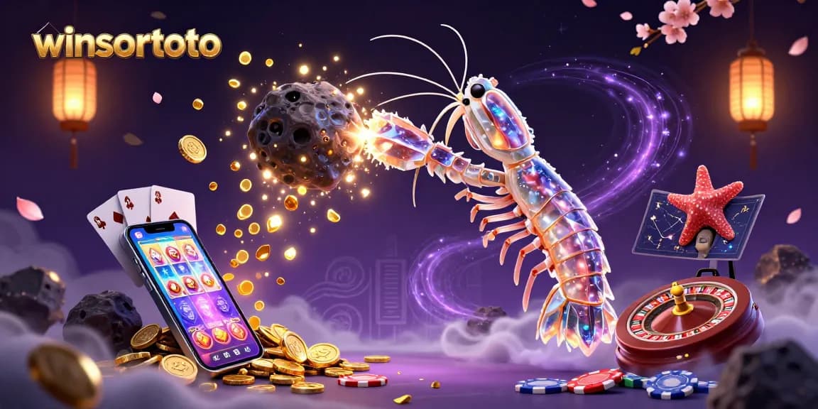 winsortoto features an epic illustration of a mantis shrimp striking an asteroid, showering gems, and coins.