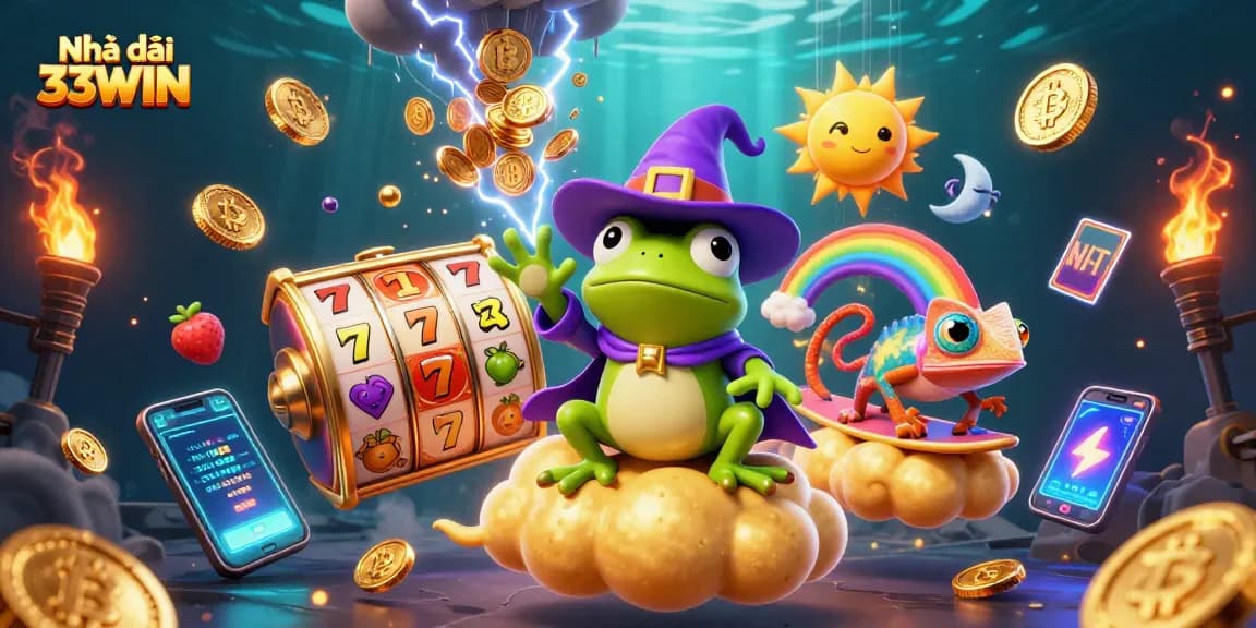 Engage with the vibrant universe of Nhà cái 33WIN while winning in colorful 3D casino-themed illustration.