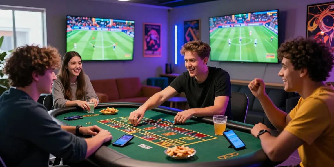 Engaged friends playing lotus365 live casino games in a vibrant setting with LED lights.