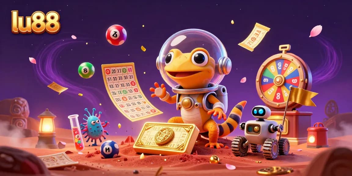 Experience the excitement of lu88 with a Martian gecko exploring a golden casino, surrounded by colorful gaming elements.