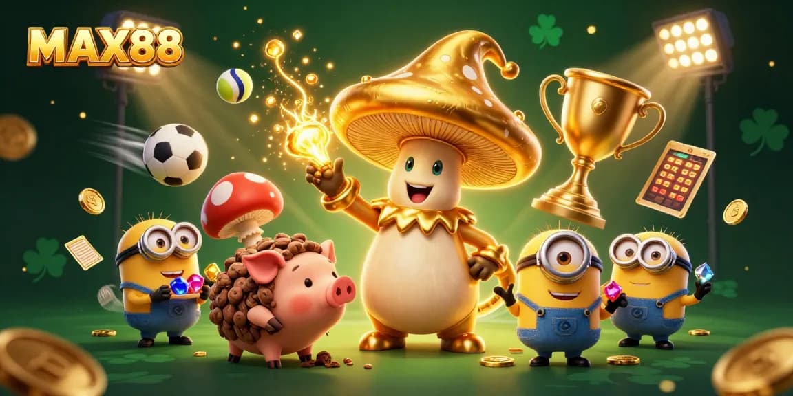 Experience MAX88's vibrant casino magic with golden characters and dynamic sports elements in this 3D illustration.
