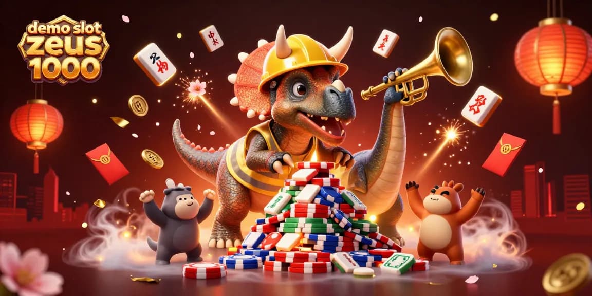Engage with the demo slot zeus 1000 adventure amidst vibrant casino elements and celebratory characters.