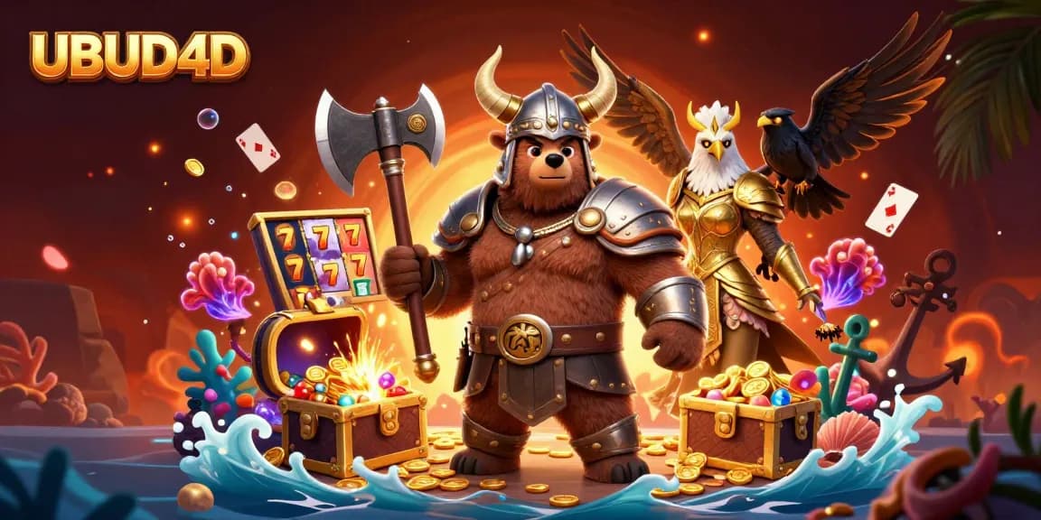 Play slots at UBUD4D with this dynamic illustration showcasing winning strategies through vivid characters and game elements.