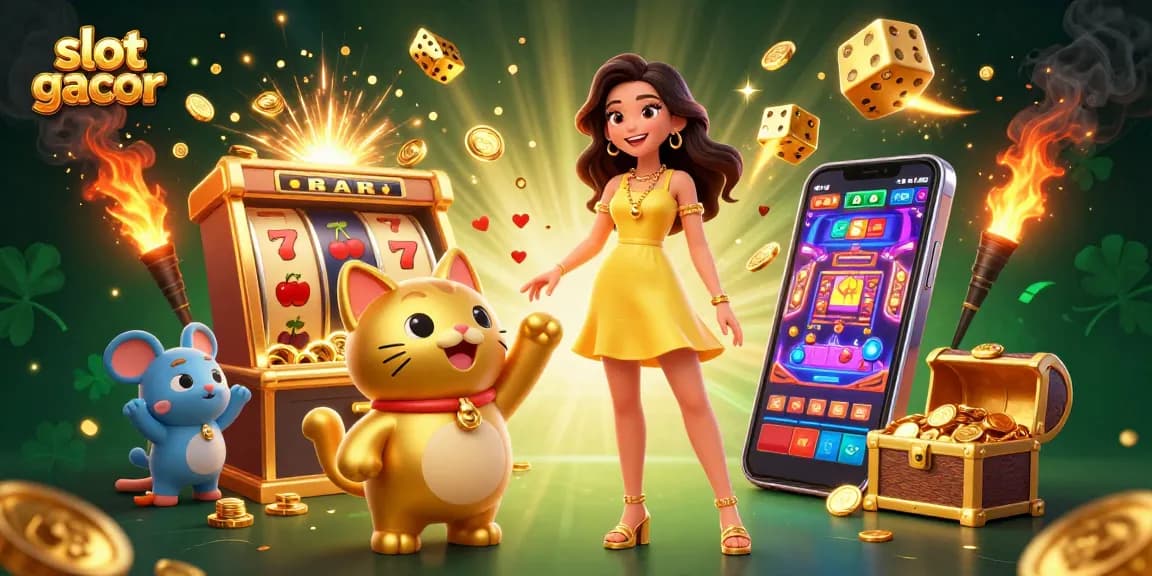 Rasakan kegembiraan dengan permainan slot gacor yang menampilkan seorang wanita ceria dan kucing keberuntungan, dikelilingi oleh elemen kasino yang vibrant.
