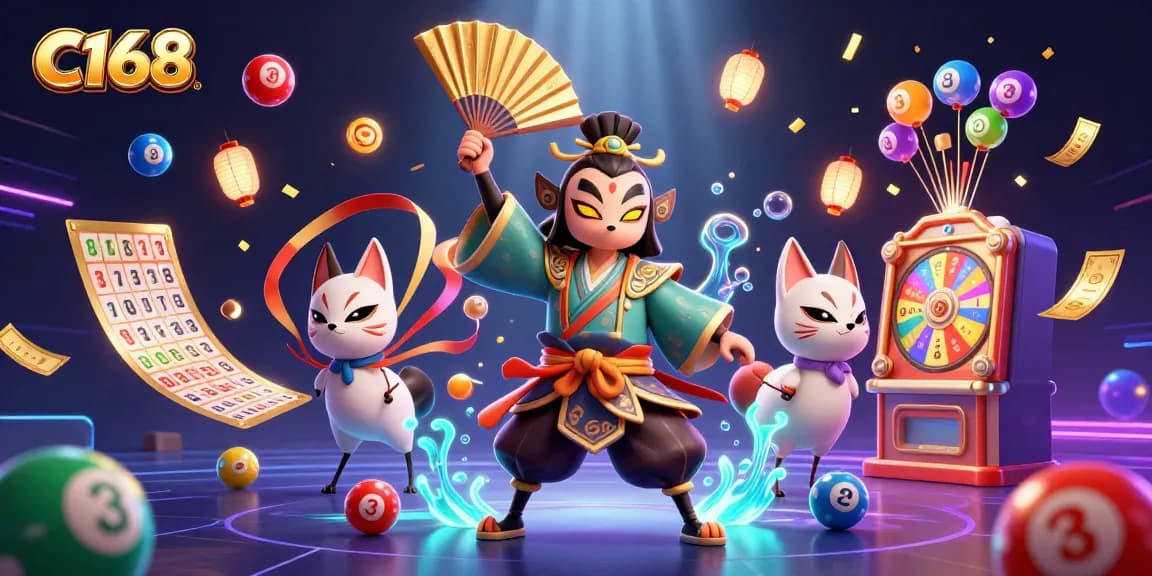 C168 casino features dynamic lottery elements and traditional characters in a vibrant 3D illustration.