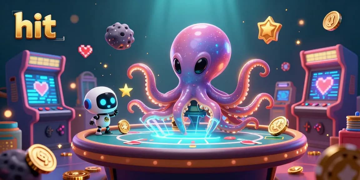 Hit the jackpot with the alien octopus at a holographic poker table in an engaging 3D scene.