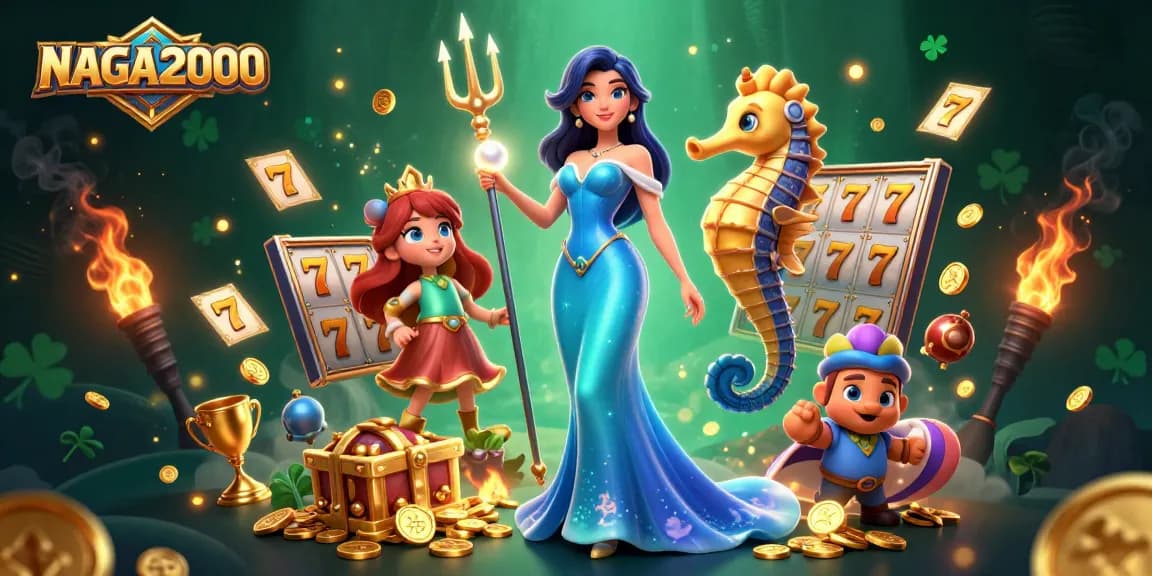 NAGA2000 menampilkan adegan magis permainan slot dengan wanita glamor, raja kuda laut, dan elemen permainan dinamis.