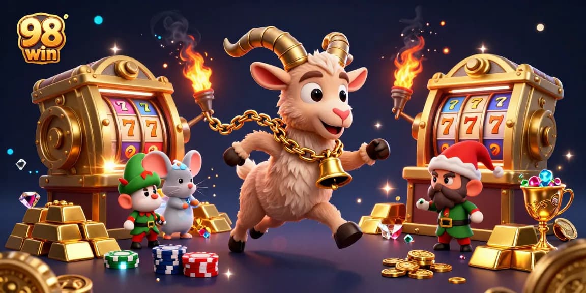 Experience exciting games at 98 win's holiday-horror casino scene filled with vibrant slot machines and mischievous characters.