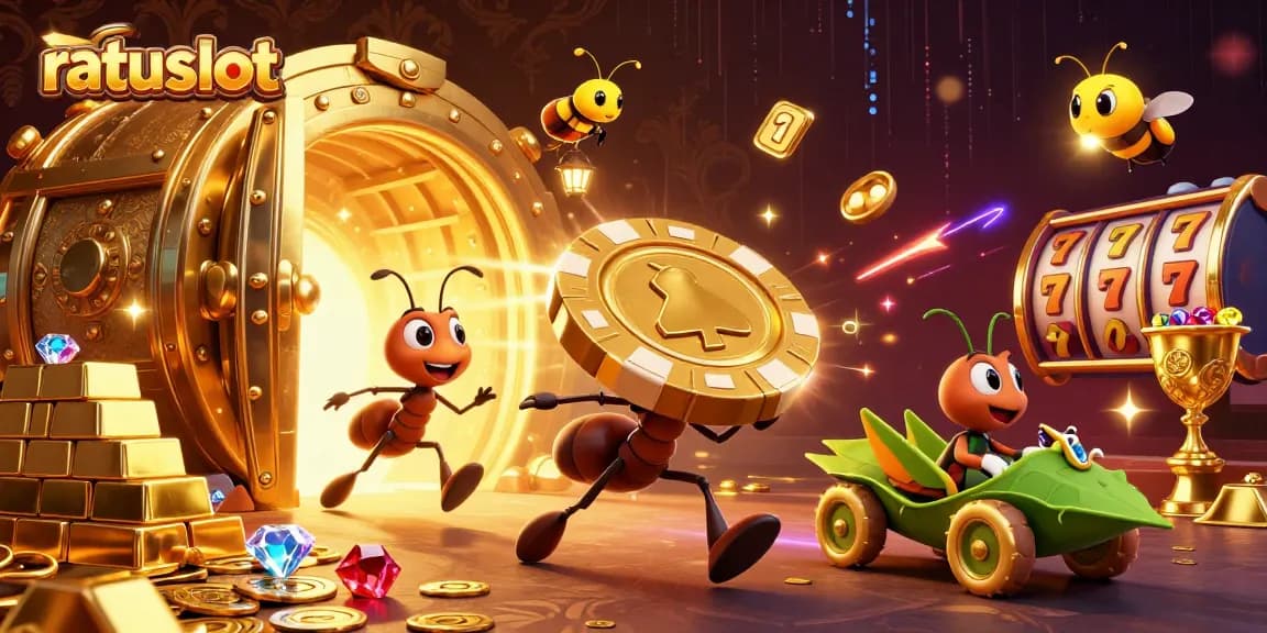 Experience the thrill of ratuslot with animated ants on a heist carrying a giant poker chip.