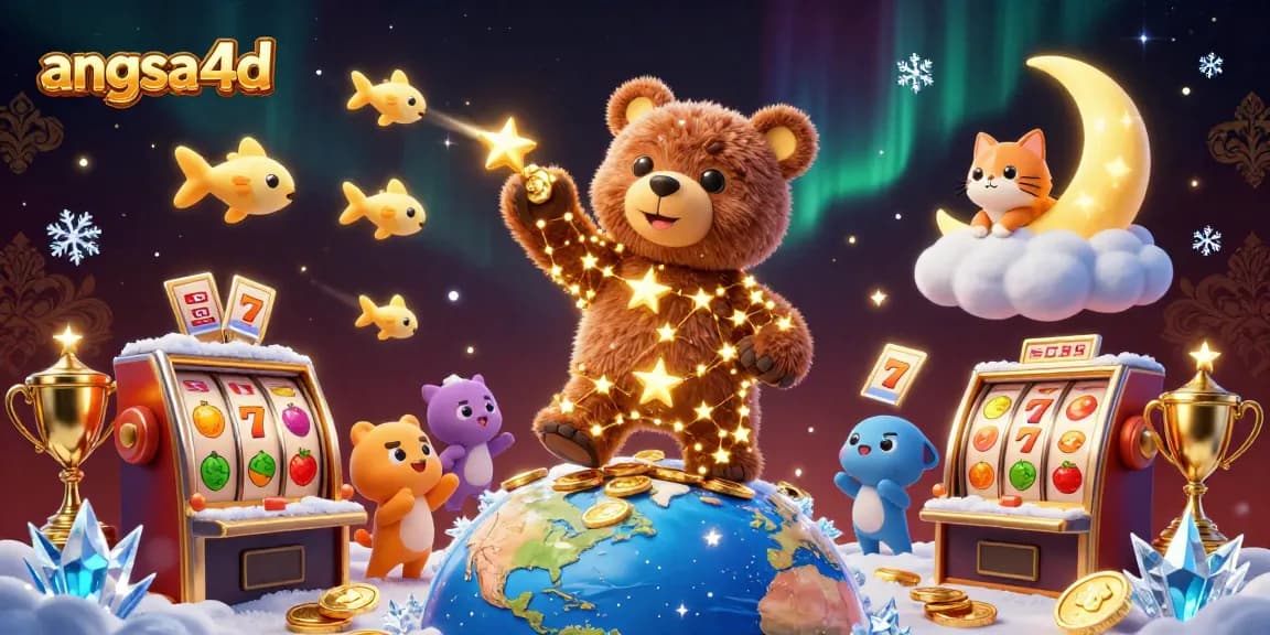 Engage with angsa4d's thrilling online slot experience as a constellation bear gathers coins amidst vibrant gaming elements.