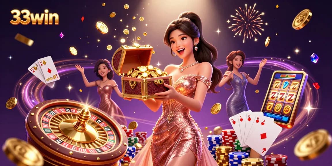 Engage with 33win's vibrant casino atmosphere capturing golden treasures and thrilling gaming elements.