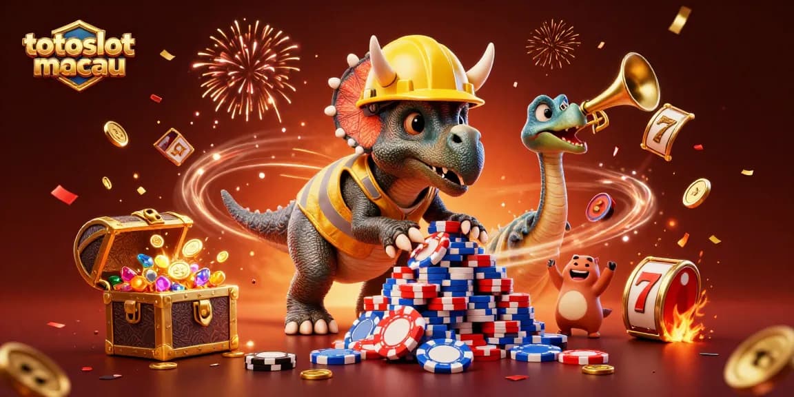 Exciting scene of totoslotmacau featuring a dinosaur building poker chips amidst slot reels and joyful characters.