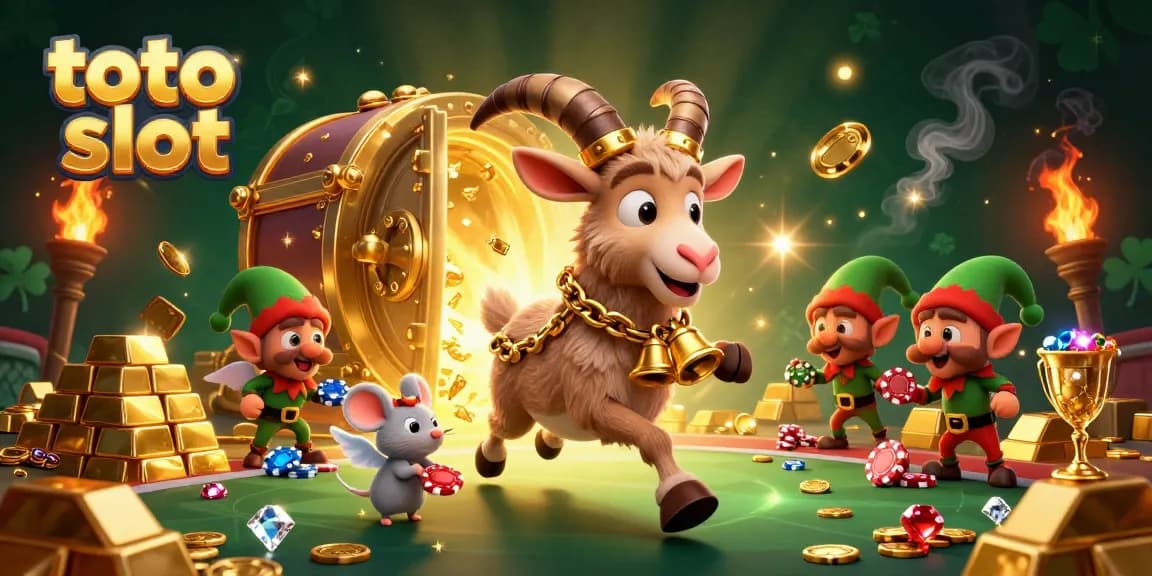 Experience thrilling gaming with toto slot in a vibrant holiday-inspired casino illustration featuring festive characters.