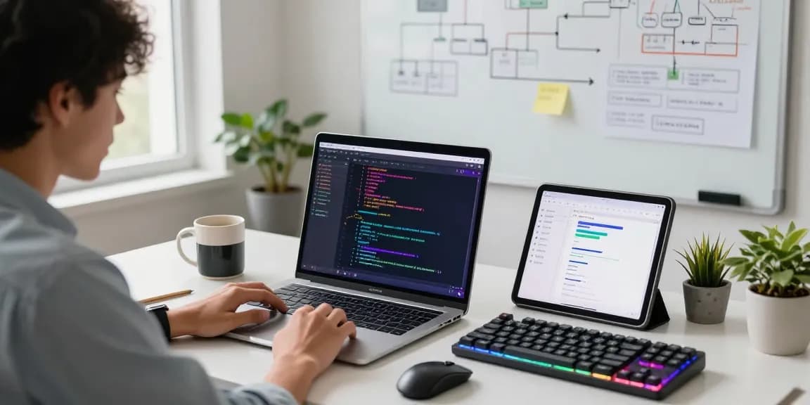 Developer using the M5 MacBook in a modern workspace filled with tech gadgets, creating a vibrant coding environment.