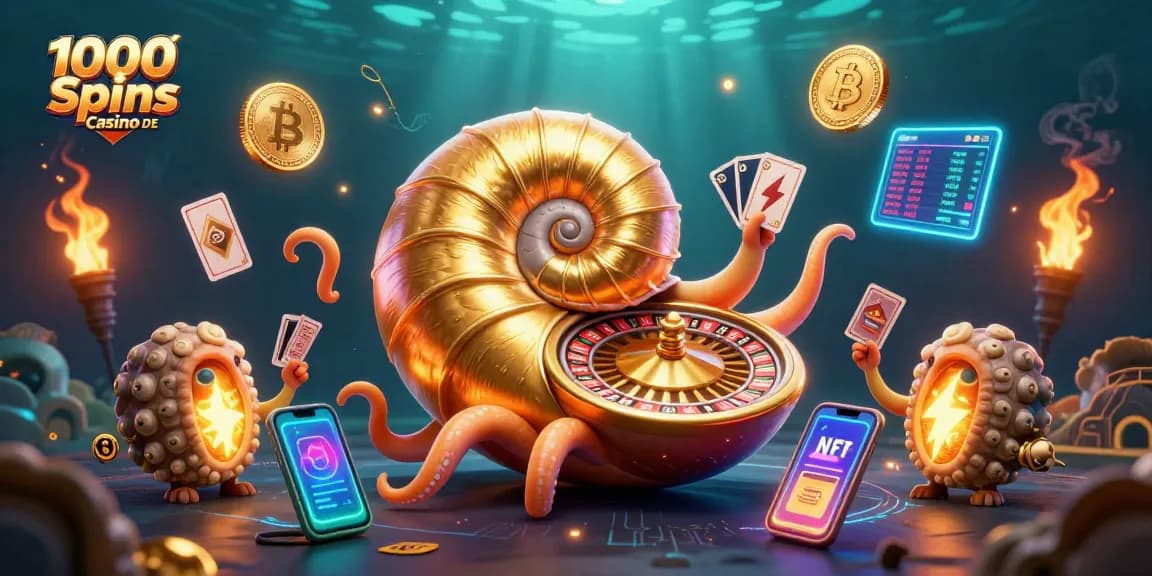 Erleben Sie 1000 Spins Casino DE mit einem faszinierenden 3D-Bild: Ein Nautilus-Roulette und leuchtende Kryptowährungen.