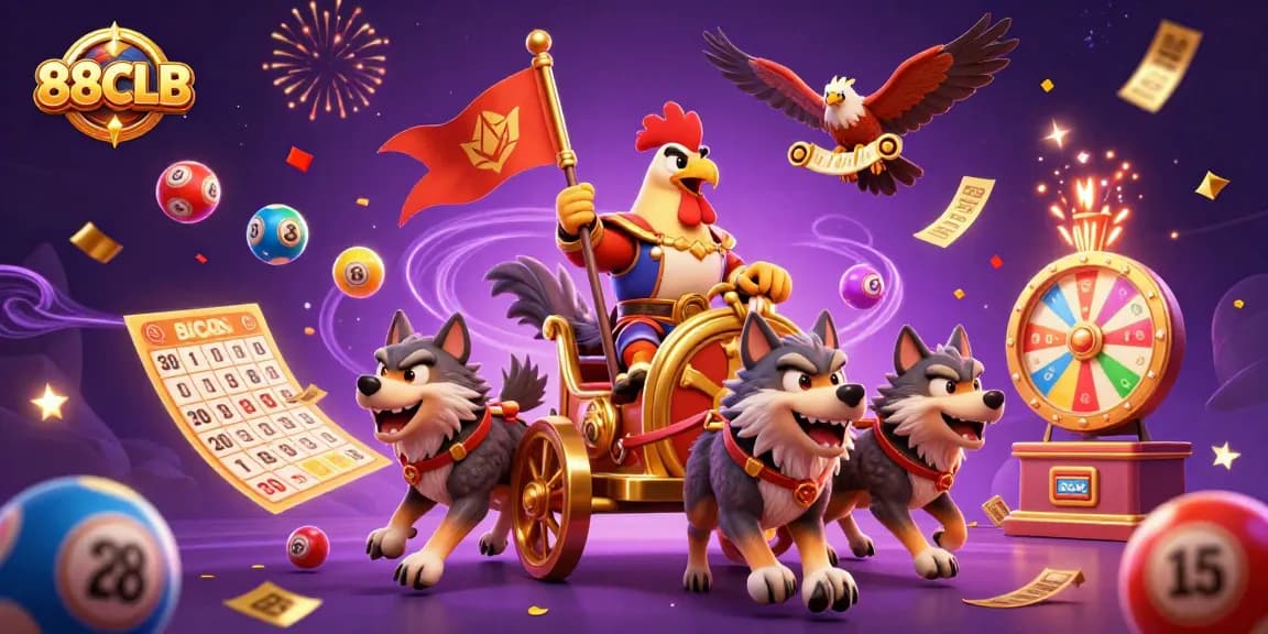 Join the excitement at 88CLB with a dynamic casino scene filled with vibrant games and characters.