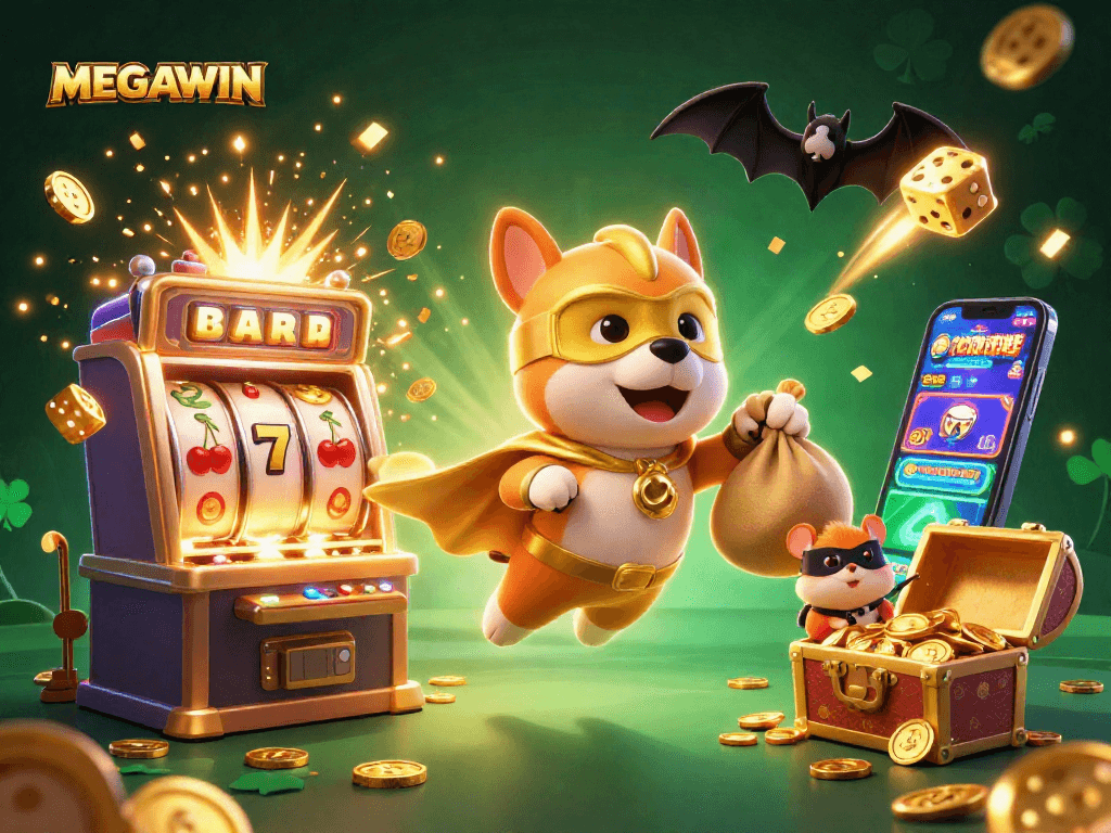 MEGAWIN animation of a superhero dog and hamster enjoying a casino jackpot celebration.