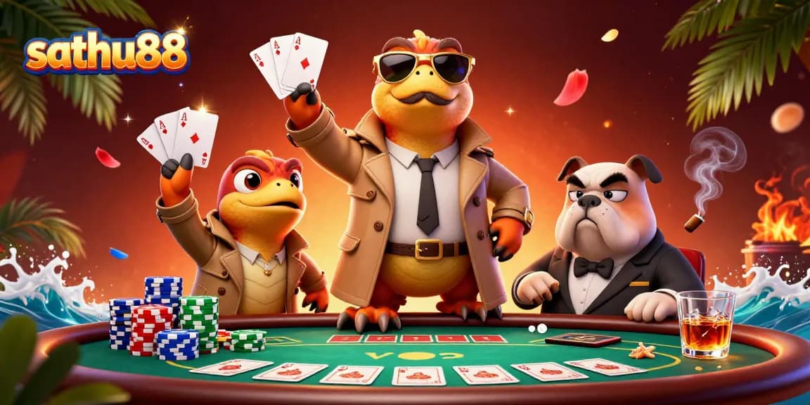 Sathu88 raptors in trench coat humorously trying to enter a VIP casino lounge with poker elements.