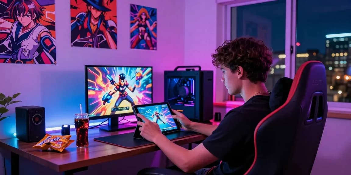 Engaging scene of a young man playing an android hentai game in a vibrant gaming room, surrounded by anime decor.