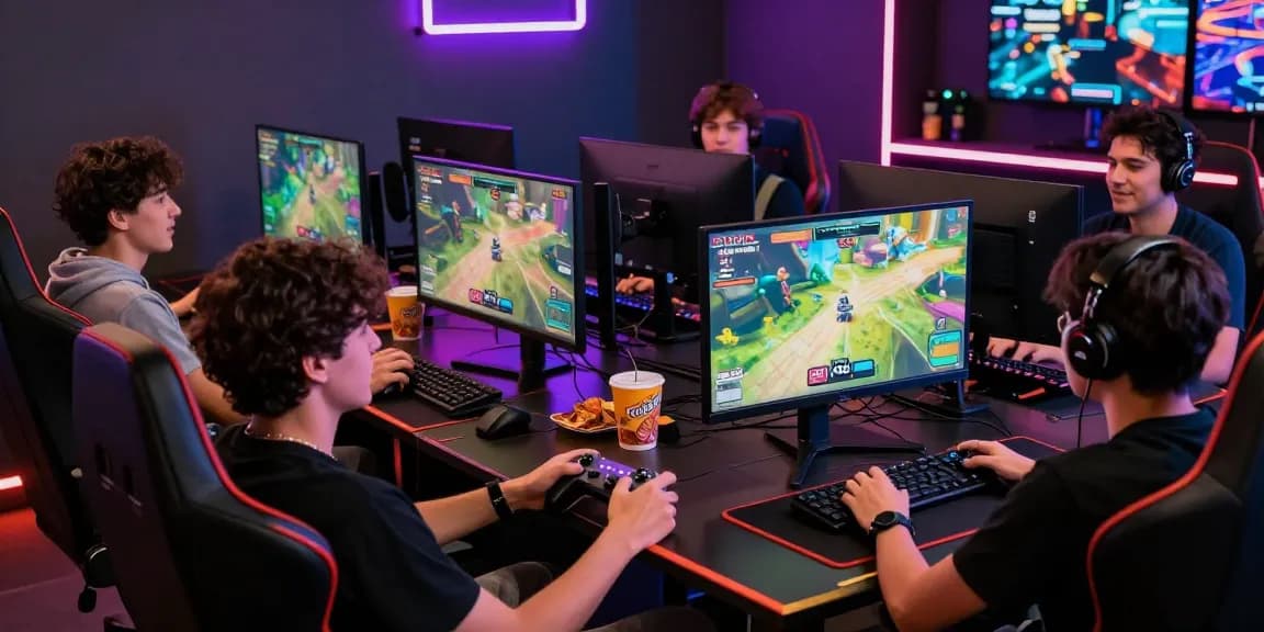 Group playing hitclub video game in a vibrant gaming setup.