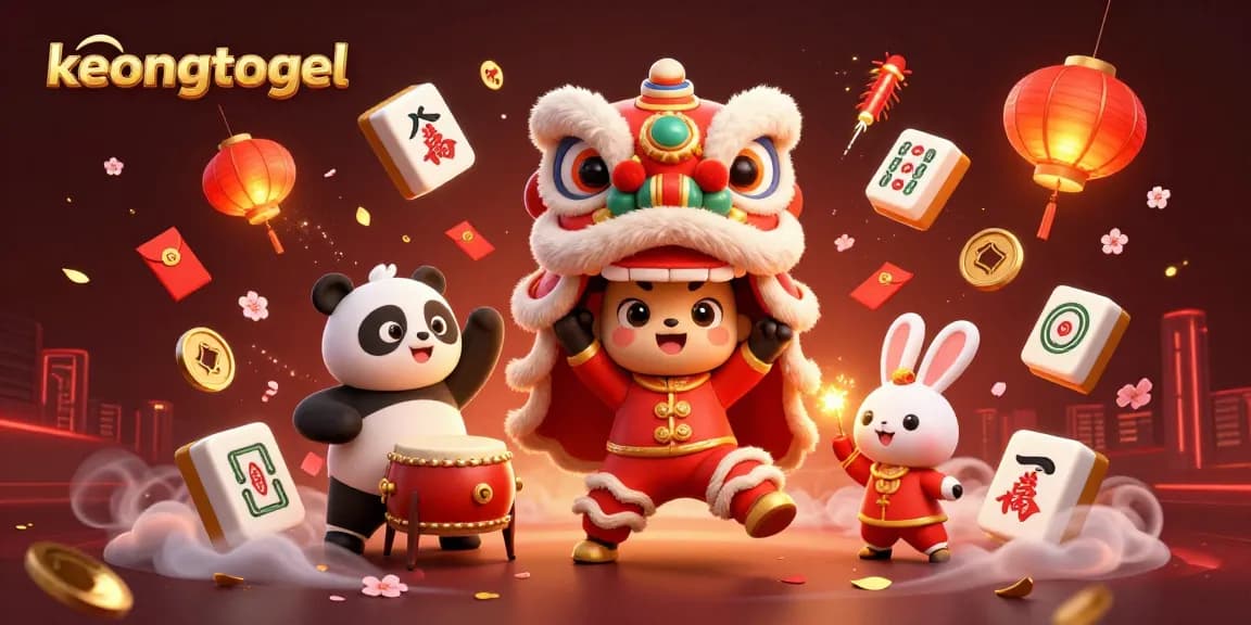 Experience the thrill of keongtogel with vibrant 3D visuals of slot games, festive characters, and lucky symbols.