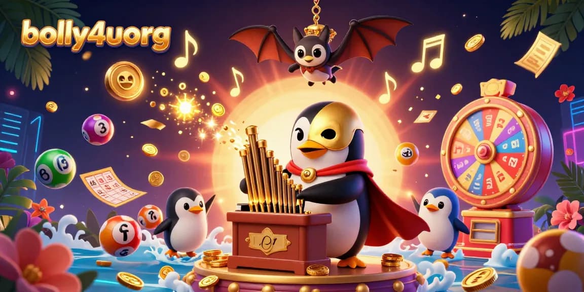 Bolly4uorg captures excitement with a 3D penguin organist celebrating casino winnings amidst lively game elements.
