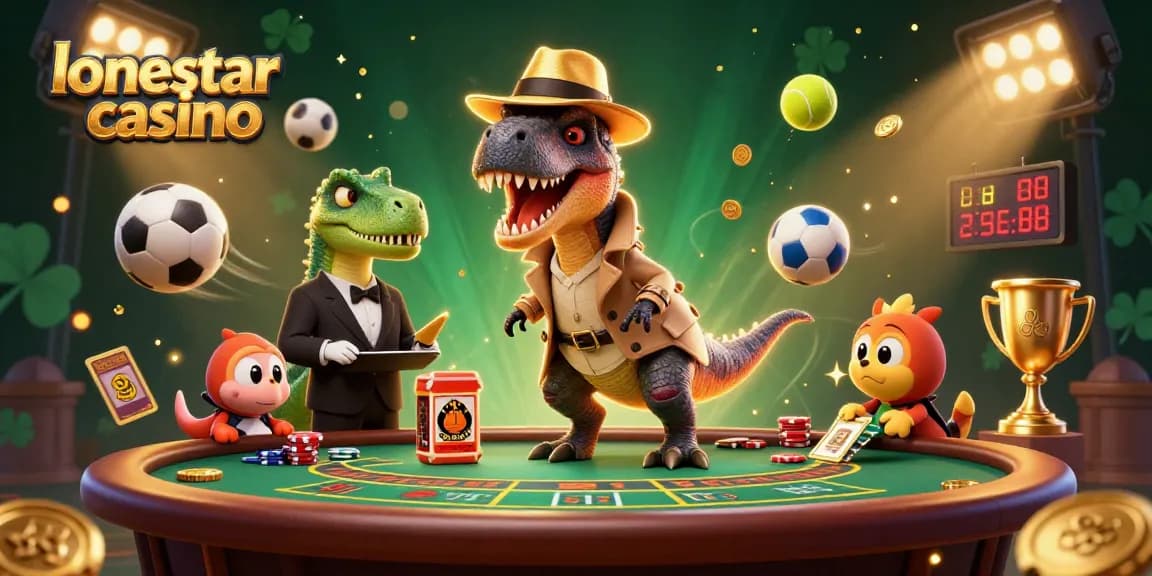 Engage with the thrilling atmosphere of lonestar casino as dinosaur characters interact at a lively blackjack table.