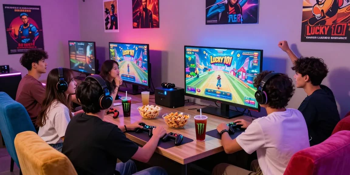 Friends enjoying the Lucky 101 game in a vibrant gaming lounge with snacks and drinks.