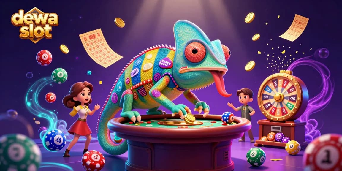 Winning at dewa slot with vibrant colors and dynamic lottery elements surrounding an animated casino chameleon.