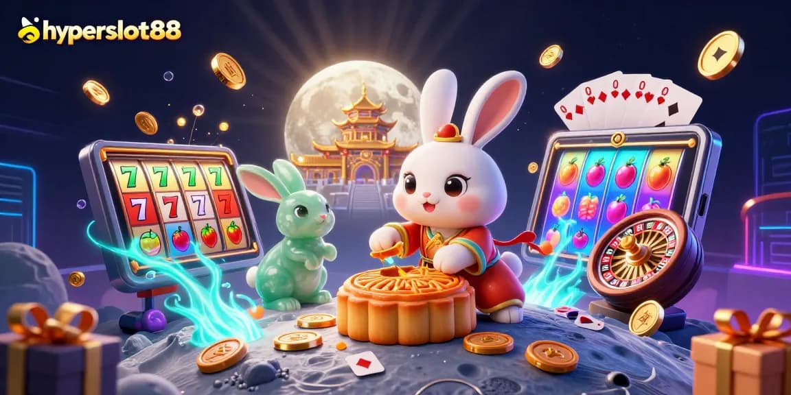 Win with hyperslot88 in a vibrant casino scene featuring mythical rabbits and animated games.