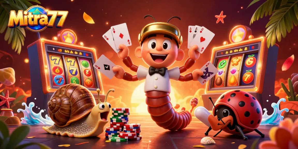 Mitra77, dealer kartun 3D membagikan kartu di meja slot dengan elemen jackpot, simbol buah, dan suasana kasino yang ceria.