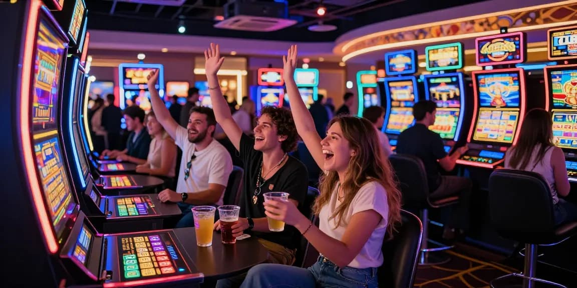 Slot gacor hari ini di kasino dengan teman merayakan kemenangan besar.
