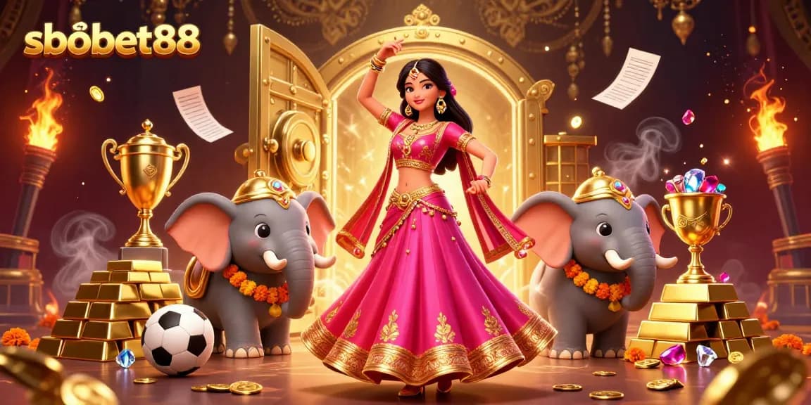 Engage in sports betting excitement with sbobet88, featuring a vibrant 3D casino illustration showcasing Asian culture and riches.