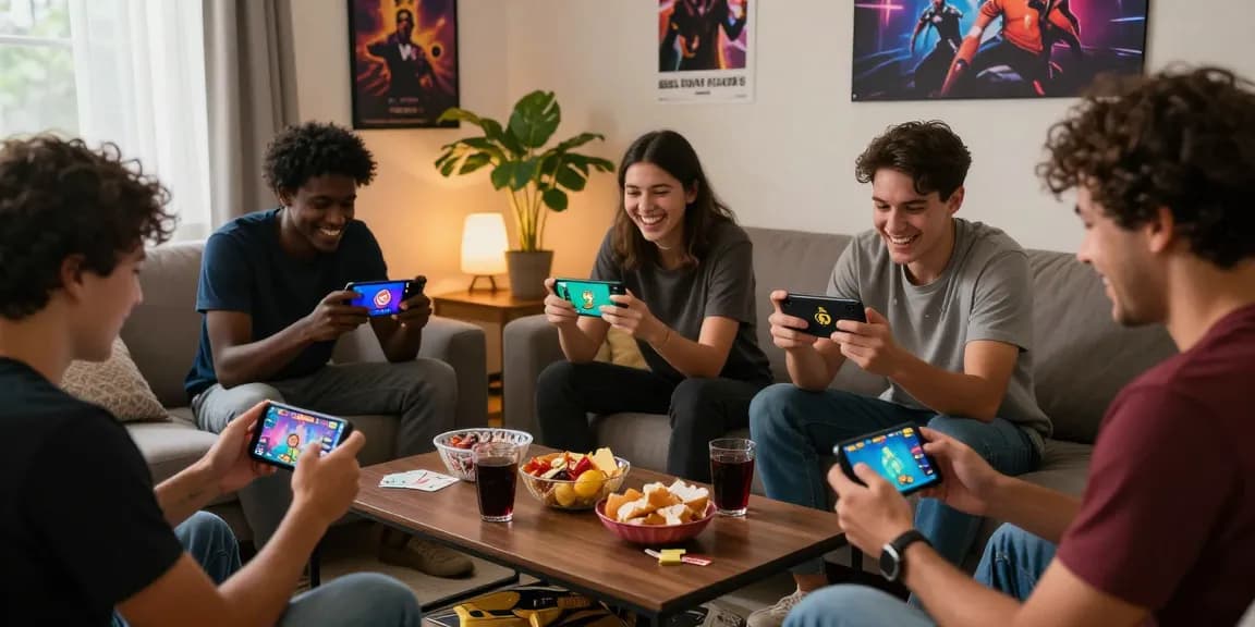 Engaging scene of friends installing Teen Patti Gold, showcasing vibrant game graphics and a cozy atmosphere