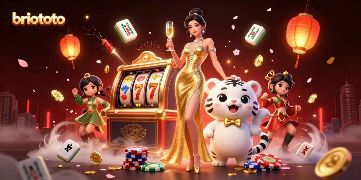 Briototo players win with vibrant slots and a celebrating woman in elegant gold attire.