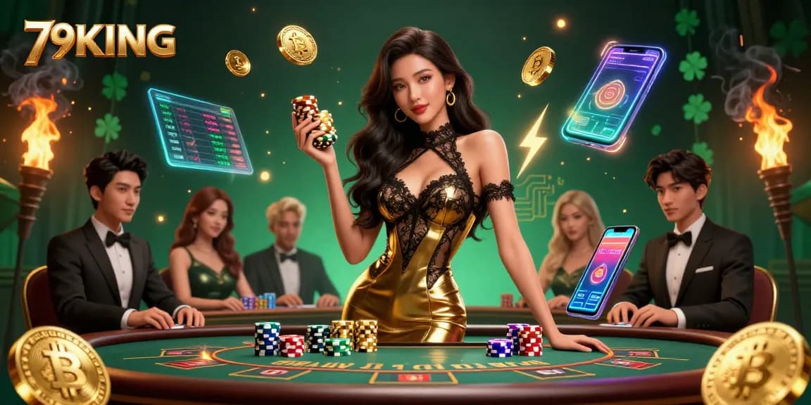 Experience high-stakes excitement with 79KING at a VIP baccarat table amidst glowing crypto visuals.