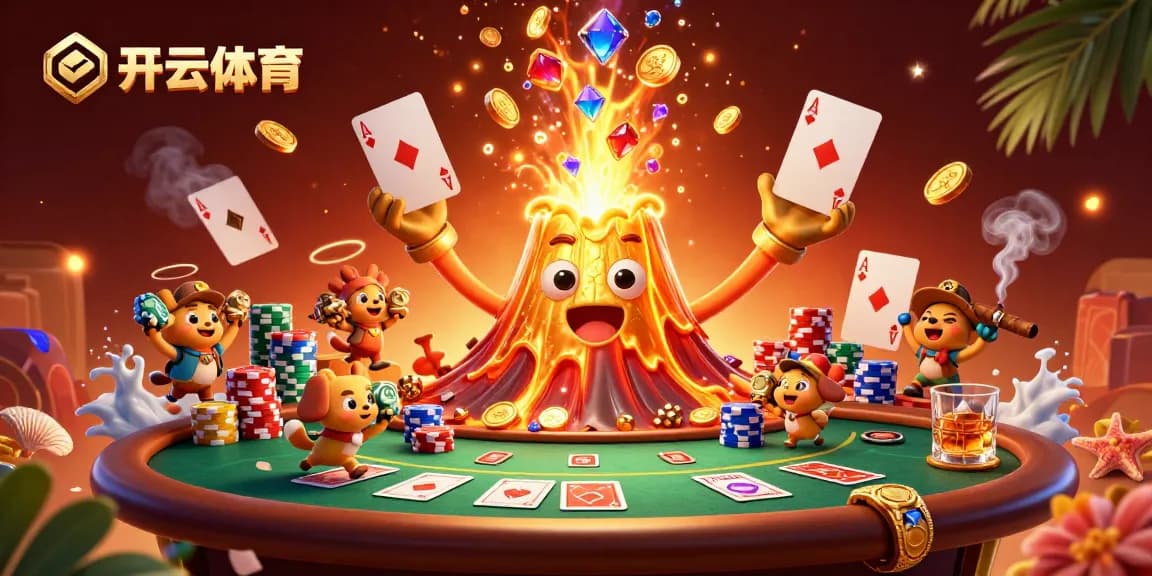 Experience the excitement at 开云体育 with a dynamic scene of a golden volcano erupting treasures and poker elements.