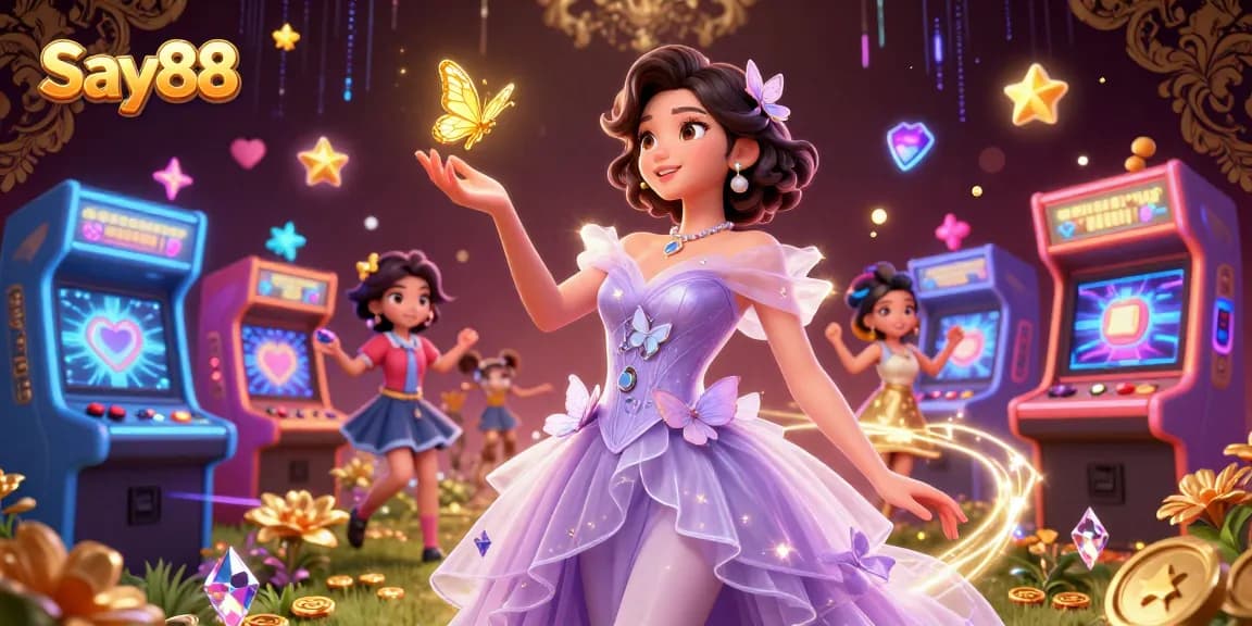 Play exciting games at Say88 with a stunning illustration of Asian beauty in a vibrant casino scene.