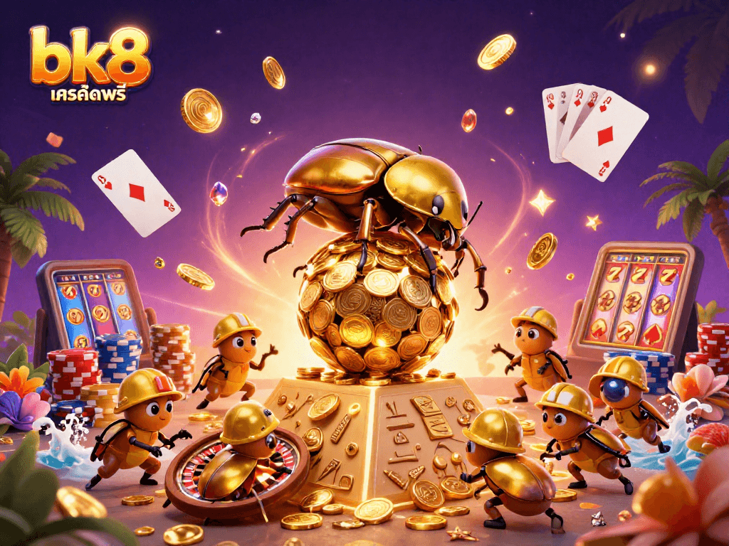 Experience exciting bk8 เครดิตฟรี rewards with our vibrant casino illustration featuring lucky symbols and golden coins.