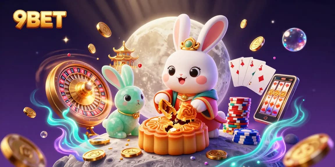 Experience the excitement of 9BET with a vibrant casino-themed illustration showcasing lucky symbols and a festive atmosphere.