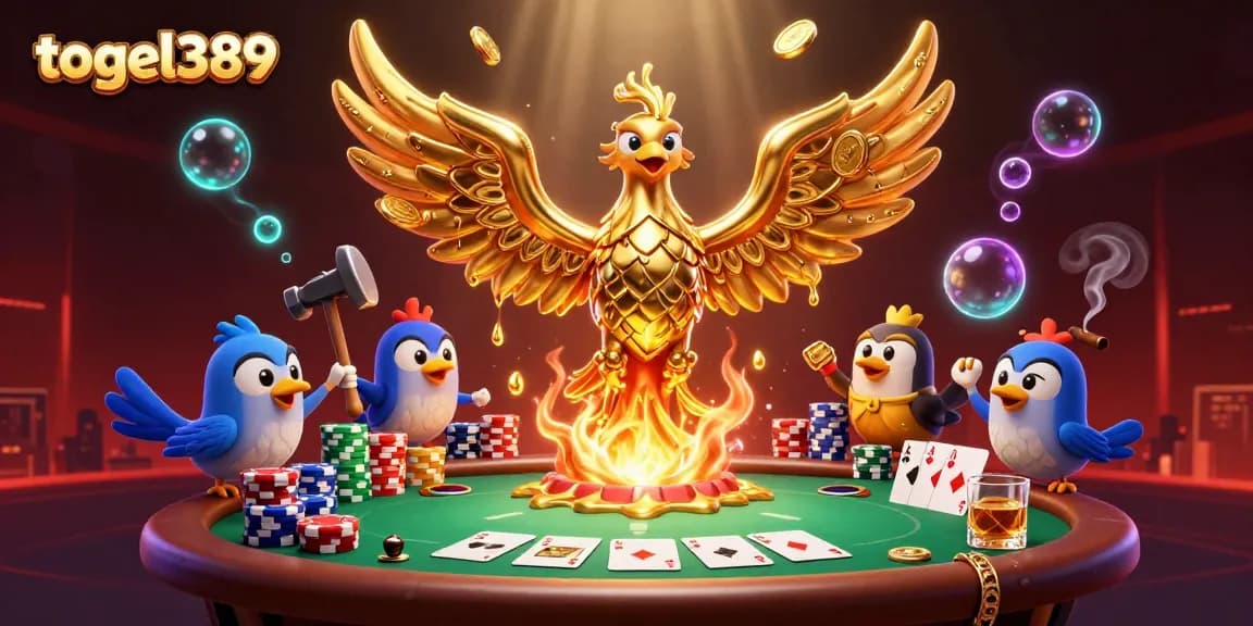 Experience thrilling togel389 action with a golden phoenix and poker elements in a vibrant casino scene.