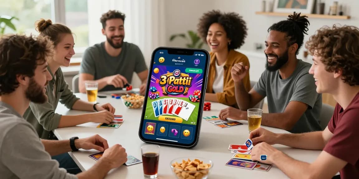 Players enjoying 3 Patti Gold real gameplay on mobile devices in a lively social setting with vibrant graphics and interaction.