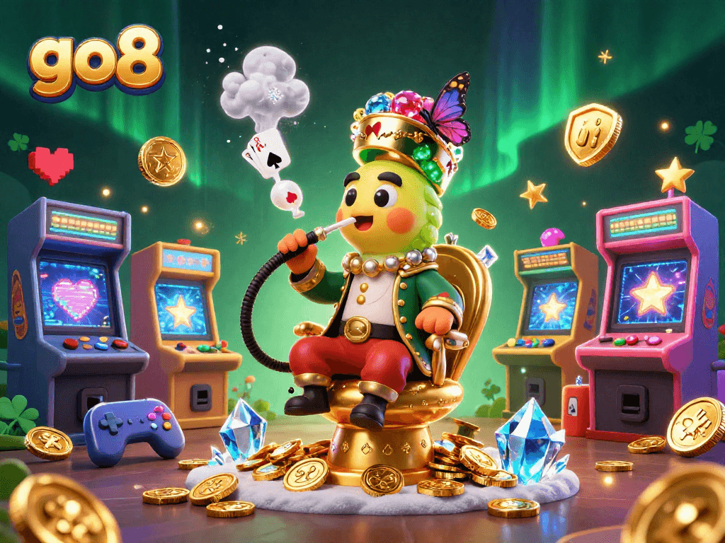 Experience thrilling gameplay with go8's 3D illustration of a whimsical caterpillar hookah-master in a casino setting.