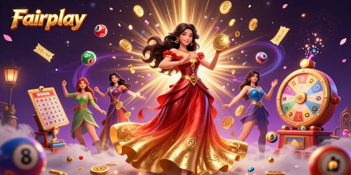 Experience Fairplay magic with a stunning Asian woman celebrating victory and luck in a vibrant casino scene.