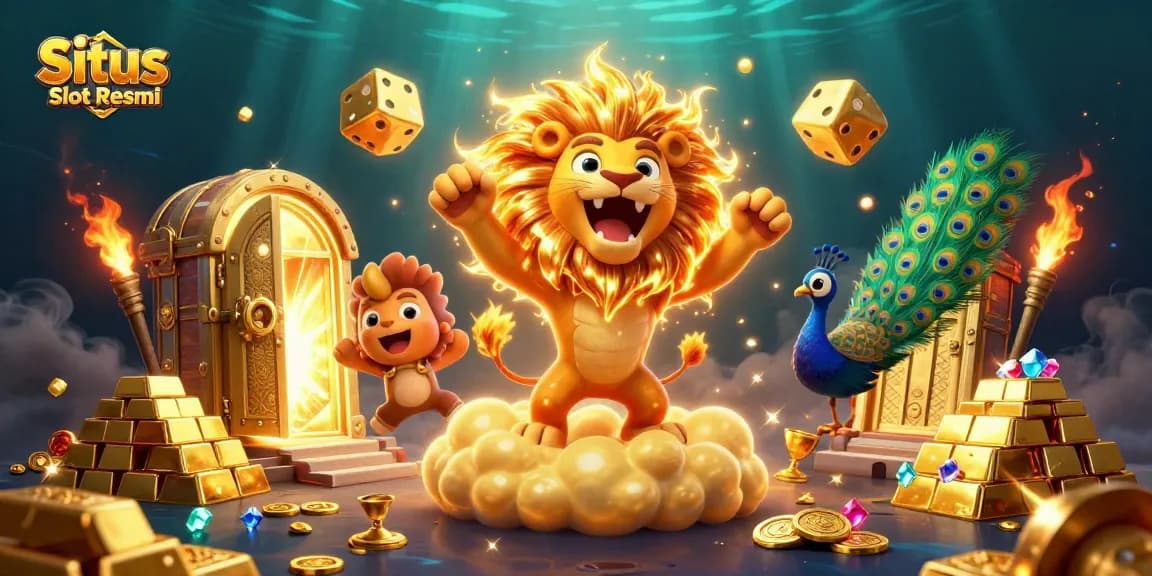 Situs Slot Resmi menampilkan ilustrasi slot digital dengan singa matahari dan dadu emas.