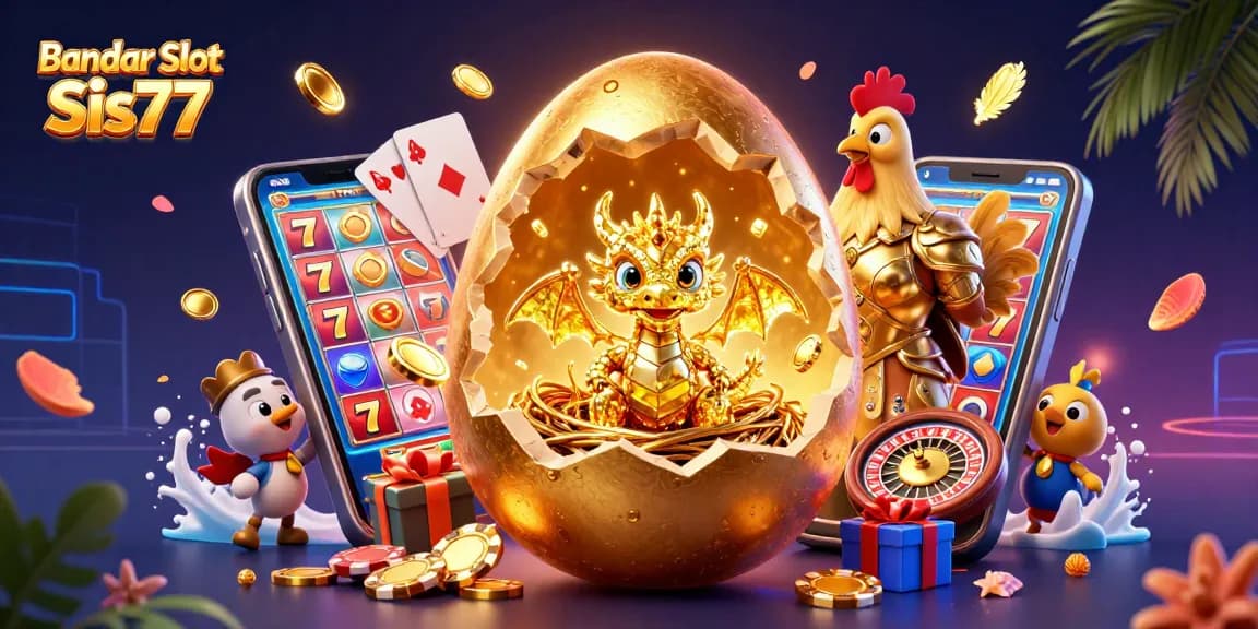 Menangkan jackpot pada Bandar Slot Sis77 dengan karakter dan elemen kasino yang menarik dalam ilustrasi 3D.